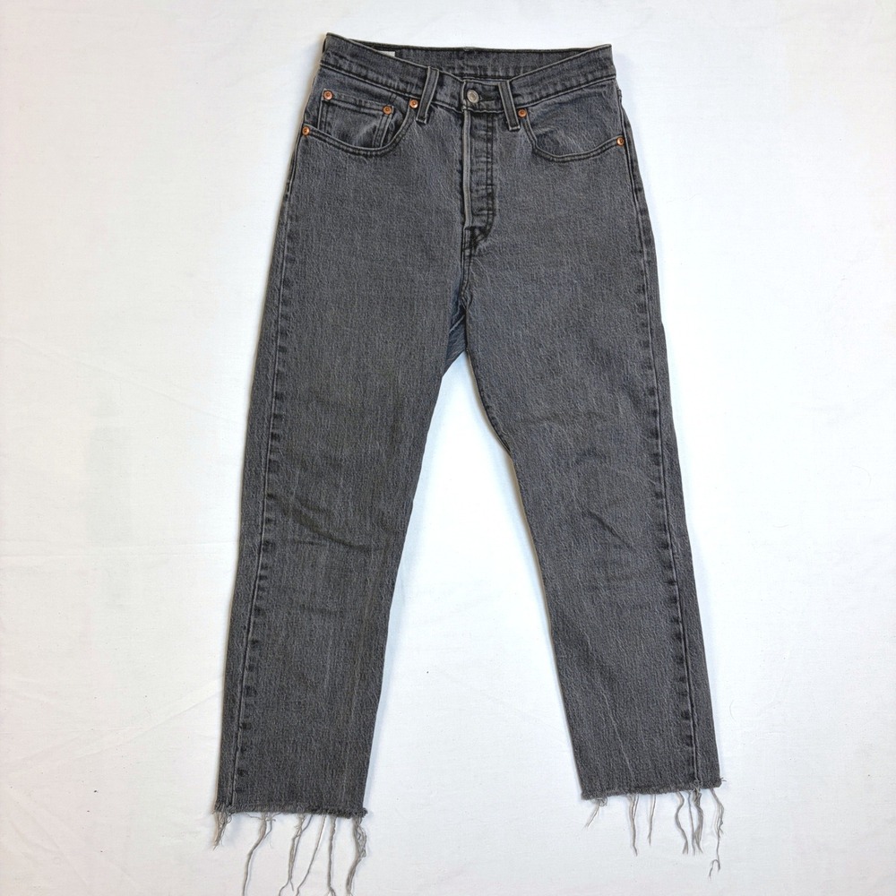 Levis Premium 501 Skinny Jeans Faded Black Cropped Raw Hem Womens 26x*25
